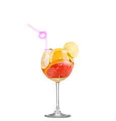pitcher with a refreshing drink with lemon slices of orange and kiwi on white background