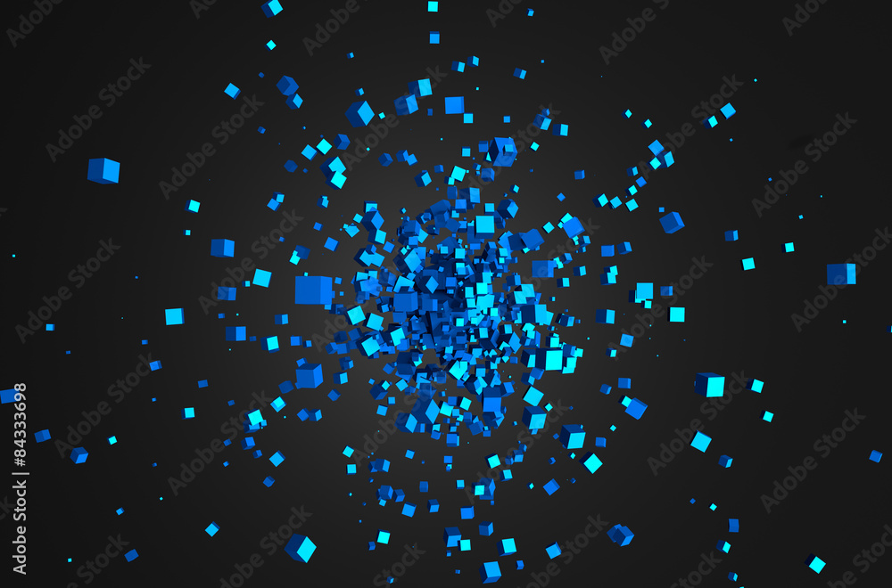 Poster abstract 3d rendering of flying cubes.