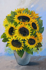 Oil painting - bouquet of sunflowers in a vase on an abstract background, beautiful flowers - 84333604