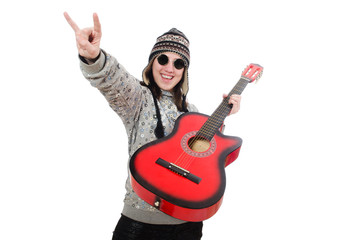Naklejka premium Young optimistic girl holding guitar isolated on white
