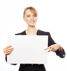 Fototapeta premium young business woman showing blank signboard