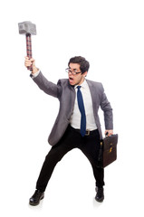 Business man holding hammer isolated on white