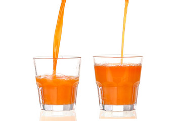 collage Juice pouring into glass isolated on white