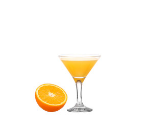 Glass of freshly pressed orange juice with sliced orange 