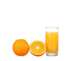 Glass of freshly pressed orange juice with sliced orange 