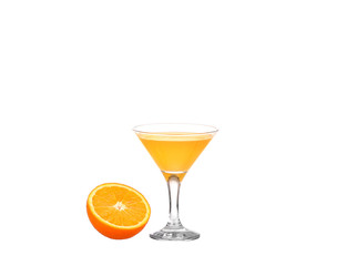Glass of freshly pressed orange juice with sliced orange 