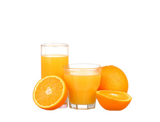 Glass of freshly pressed orange juice with sliced orange 