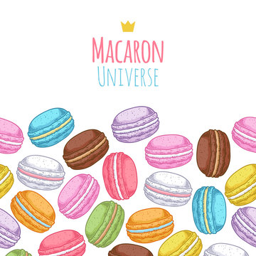 Seamless assorted macarons horiaontal pattern.