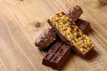 Sweet chocolate bars and peanut brittle