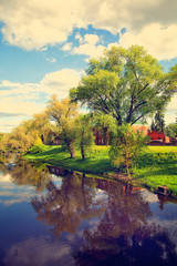 Beautiful scenery in Brest Fortress in Belarus. Trees and Pond