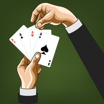 Vector hands wirh game cards. Comic illustration