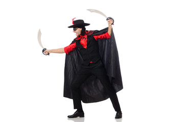 Young man in carnival coat with sword isolated on white