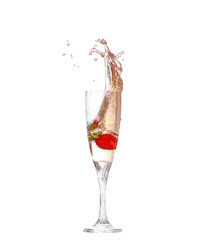 Single Strawberry splashing into a glass 