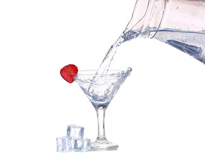 Strawberries, ice cubes into the glass