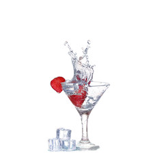 Strawberries, ice cubes into the glass