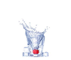 Strawberries, ice cubes into the glass