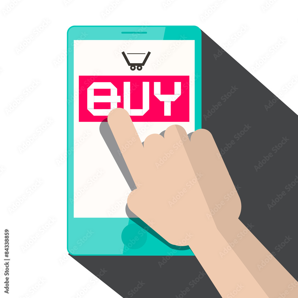 Poster flat design vector hand touching smart phone with buy title and cart icon