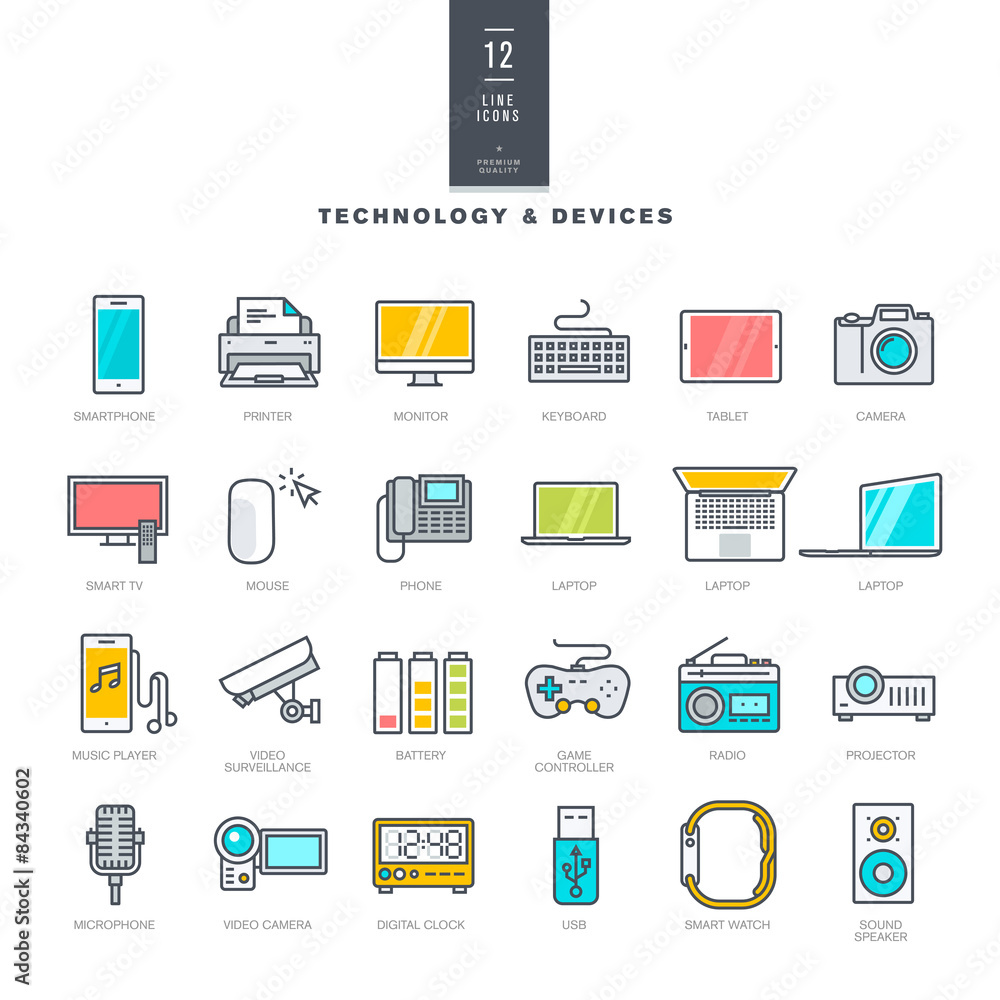 Poster set of line modern color icons for technology and devices