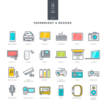 Set of line modern color icons for technology and devices     
