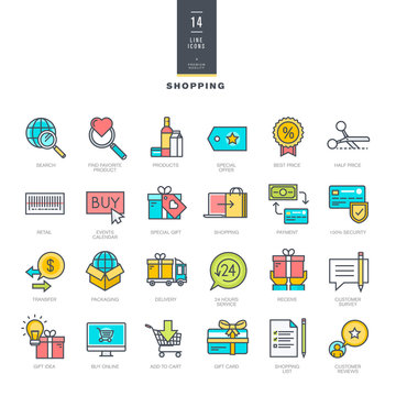 Set of line modern color icons for shopping    
