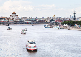 Krymsky Bridge and excursion ships on Moskva River