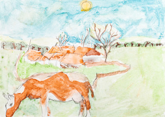 children drawing - cow and country landscape