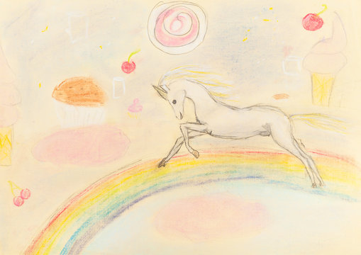 Fototapeta children drawing - fairy unicorn on rainbow
