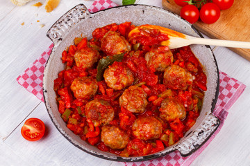 Meatballs with tomato sauce in a pan