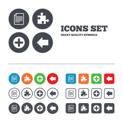 Plus circle and puzzle signs. File, arrow.