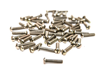 Set of different nails, screws, nuts, bolts, white background