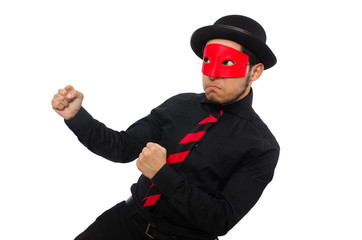 Young man with red mask isolated on white