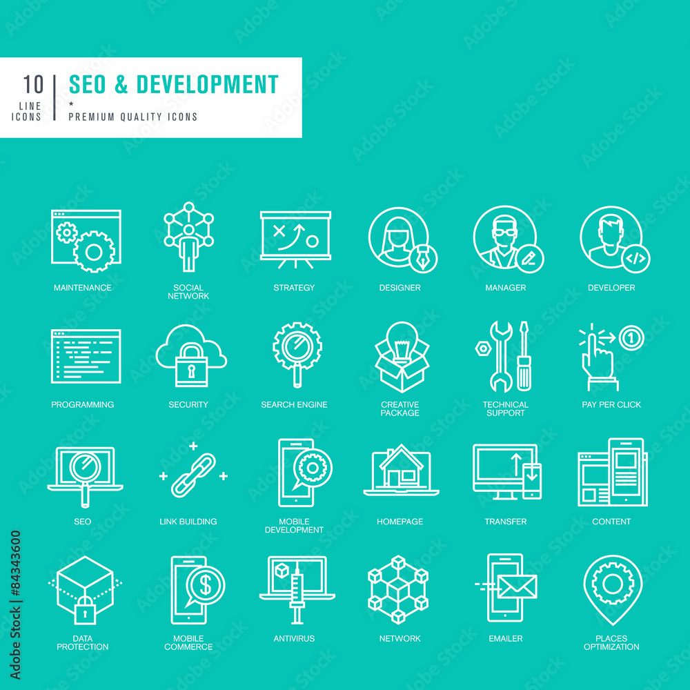 Poster set of thin lines web icons for seo and web development