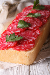 Big fresh sandwich with salami and parsley vertical macro
