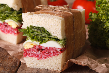 sandwich with salami, egg and greens wrapped in paper 