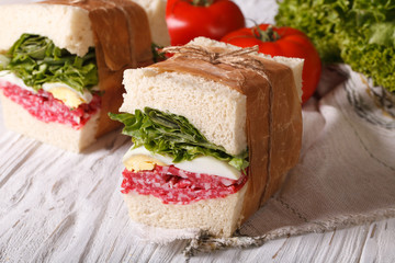 sandwiches with salami wrapped in paper close-up horizontal
