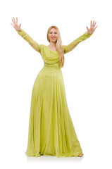 Naklejka premium Pretty girl in elegant green dress isolated on white