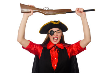 Pirate girl holding gun isolated on white