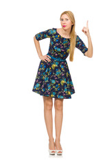 Woman in dark blue floral dress isolated on white