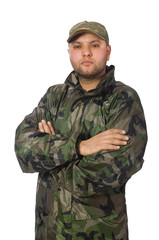 Young man in soldier uniform isolated on white