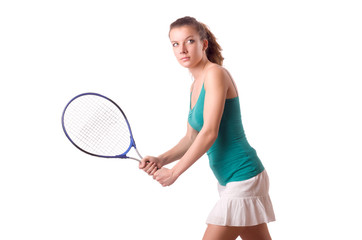 Naklejka na ściany i meble Woman tennis player isolated on white