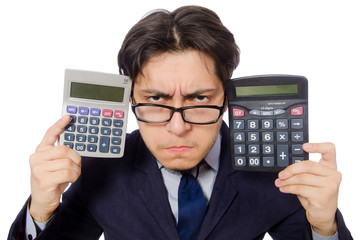 Funny man with calculator isolated on white