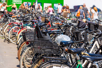 Many bicycles parked in  Copenhagen, Denmark