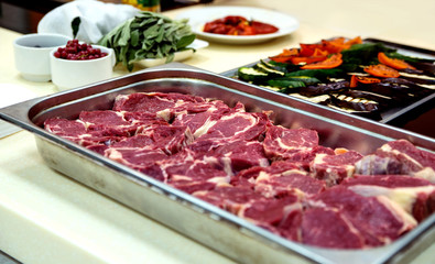 raw beef prepared for cooking steak, dinner cooking process, ing