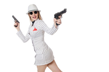 Beautiful girl in striped clothing isolated on white