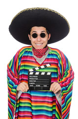 Funny mexican in poncho with clapper-board isolated on white
