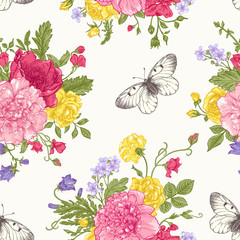 Seamless  pattern  flowers and butterflies.