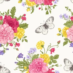 Fotobehang Seamless  pattern  flowers and butterflies. © Lisla