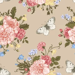 Gordijnen Vintage Bloemen Seamless  pattern  flowers and butterflies.  © Lisla