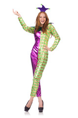 Woman wearing clown costume isolated on white