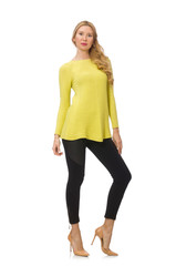 Fototapeta premium Pretty young woman in yellow blouse isolated on white